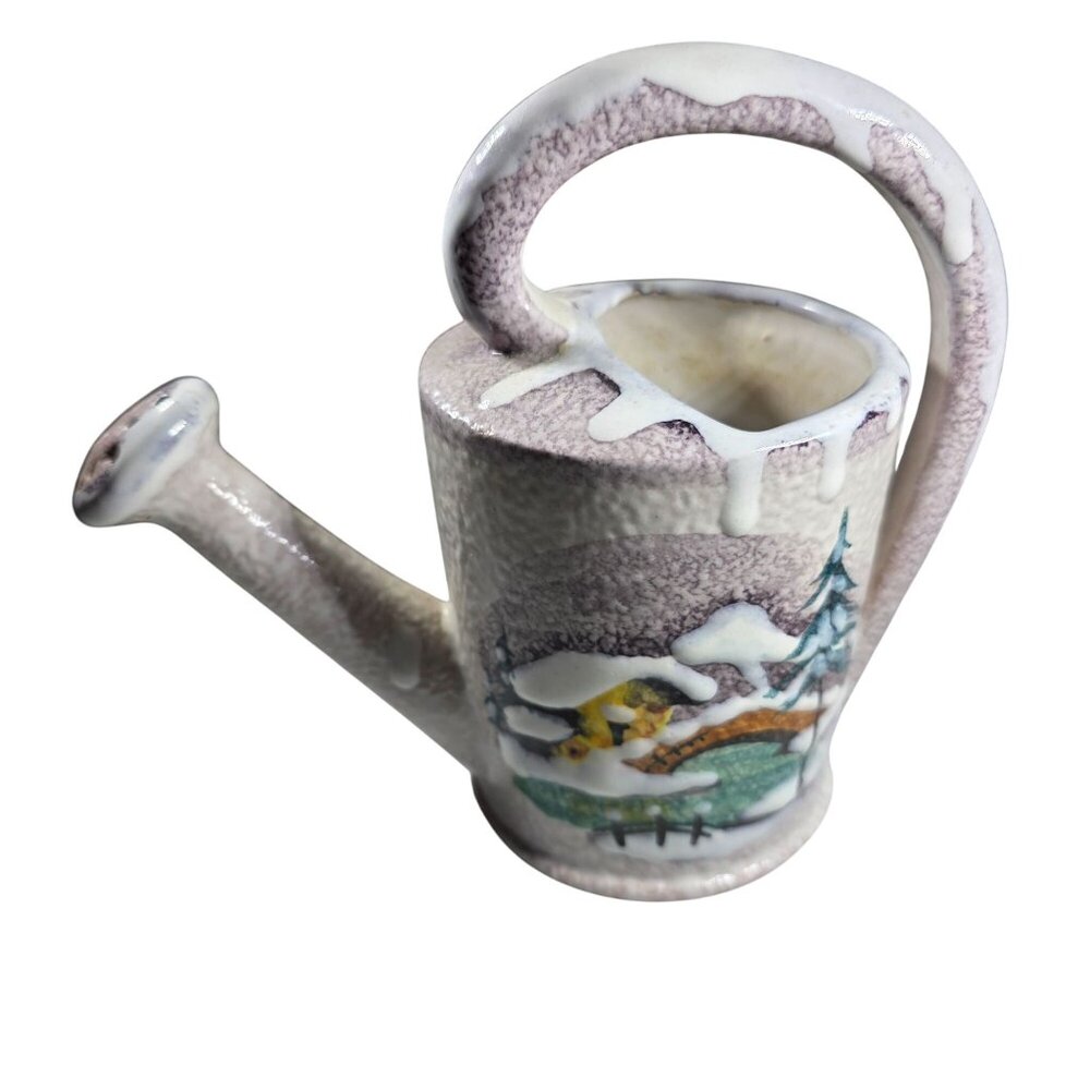 Handcrafted Ceramic Miniature Watering Can Winter Landscape Italy cottagecore